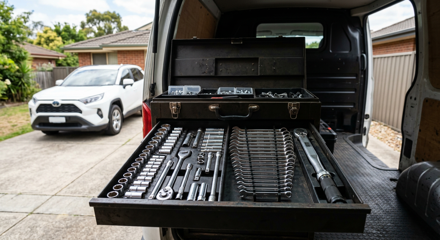 Open mobile mechanic toolbox with neatly arranged tools