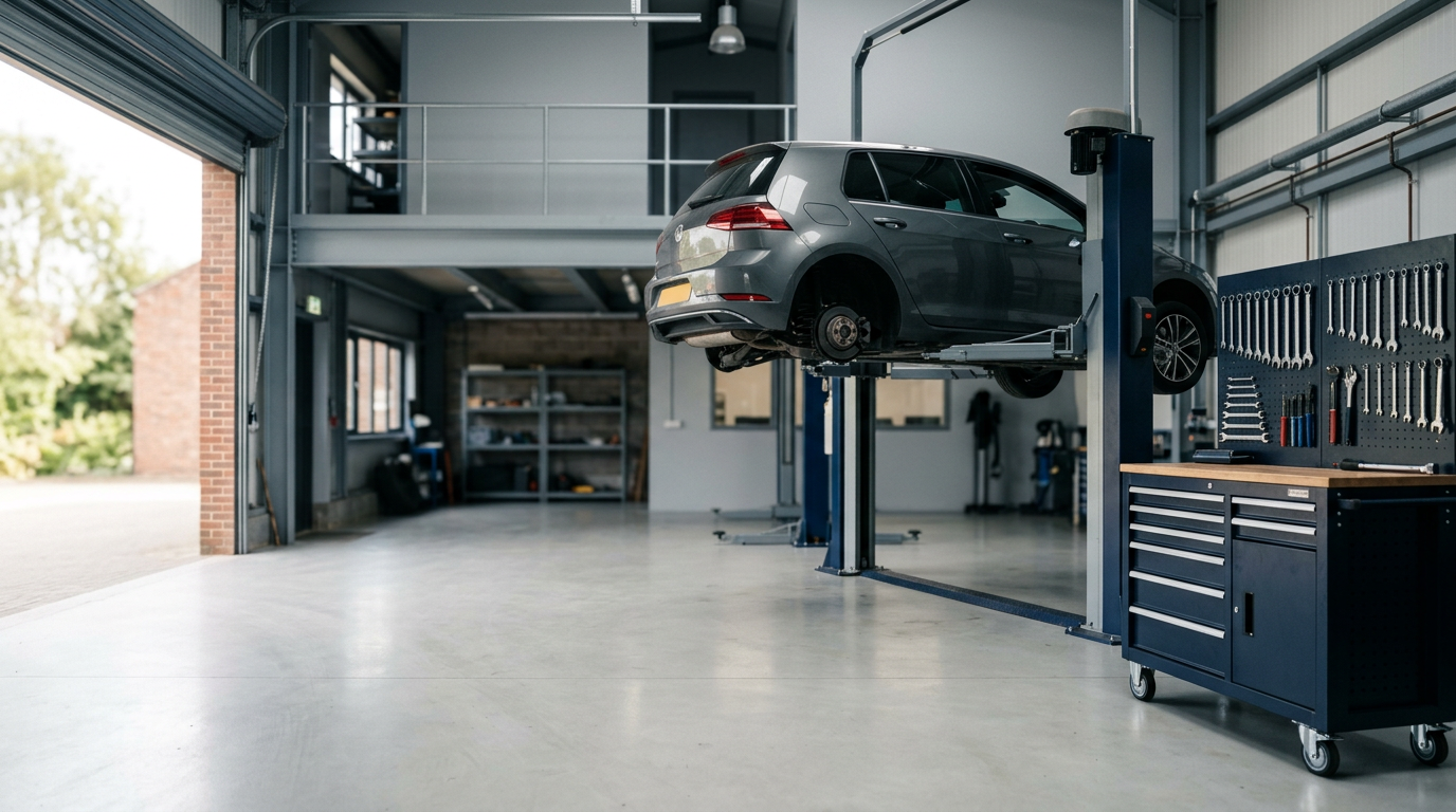 Tidy mechanical workshop with a car raised on a hoist